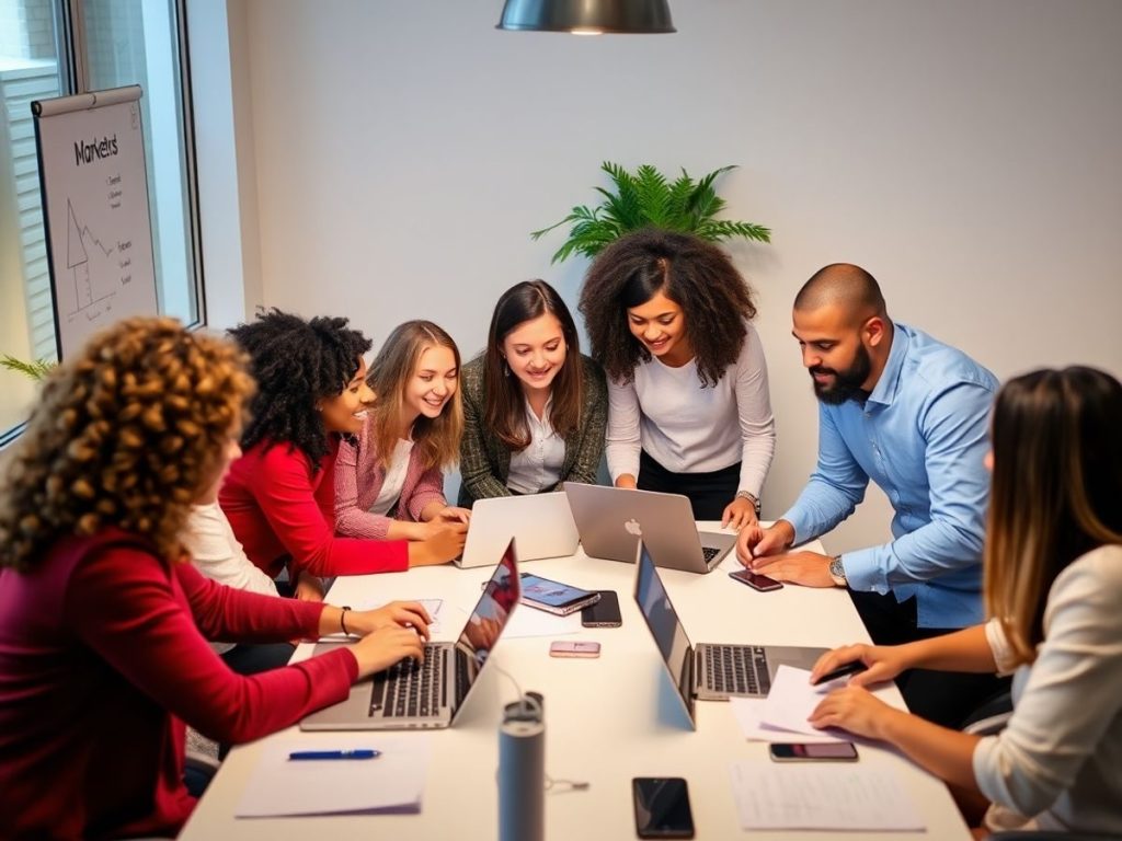 Oameni care colaborează la strategii de marketing pentru 2025.