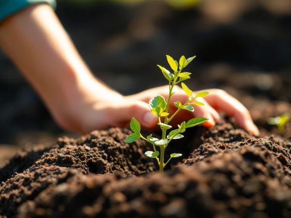 Mână plantând copac mic în sol fertil
