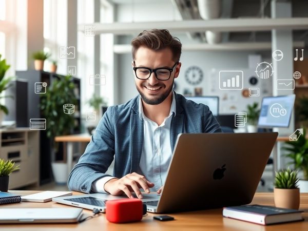 Antreprenor modern lucrând cu laptopul în birou luminos.