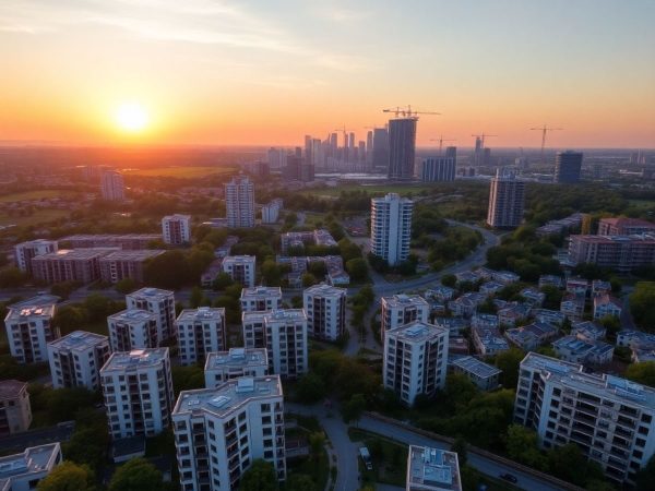 Peisaj urban modern cu clădiri și natură.