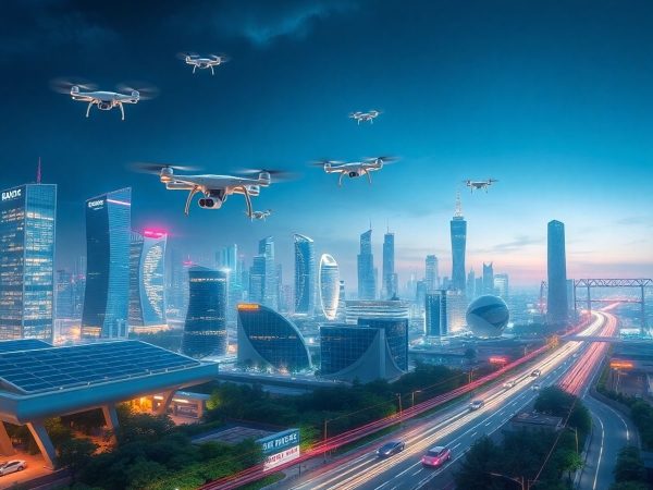 Oraș futurist cu tehnologie avansată și vehicule inteligente.